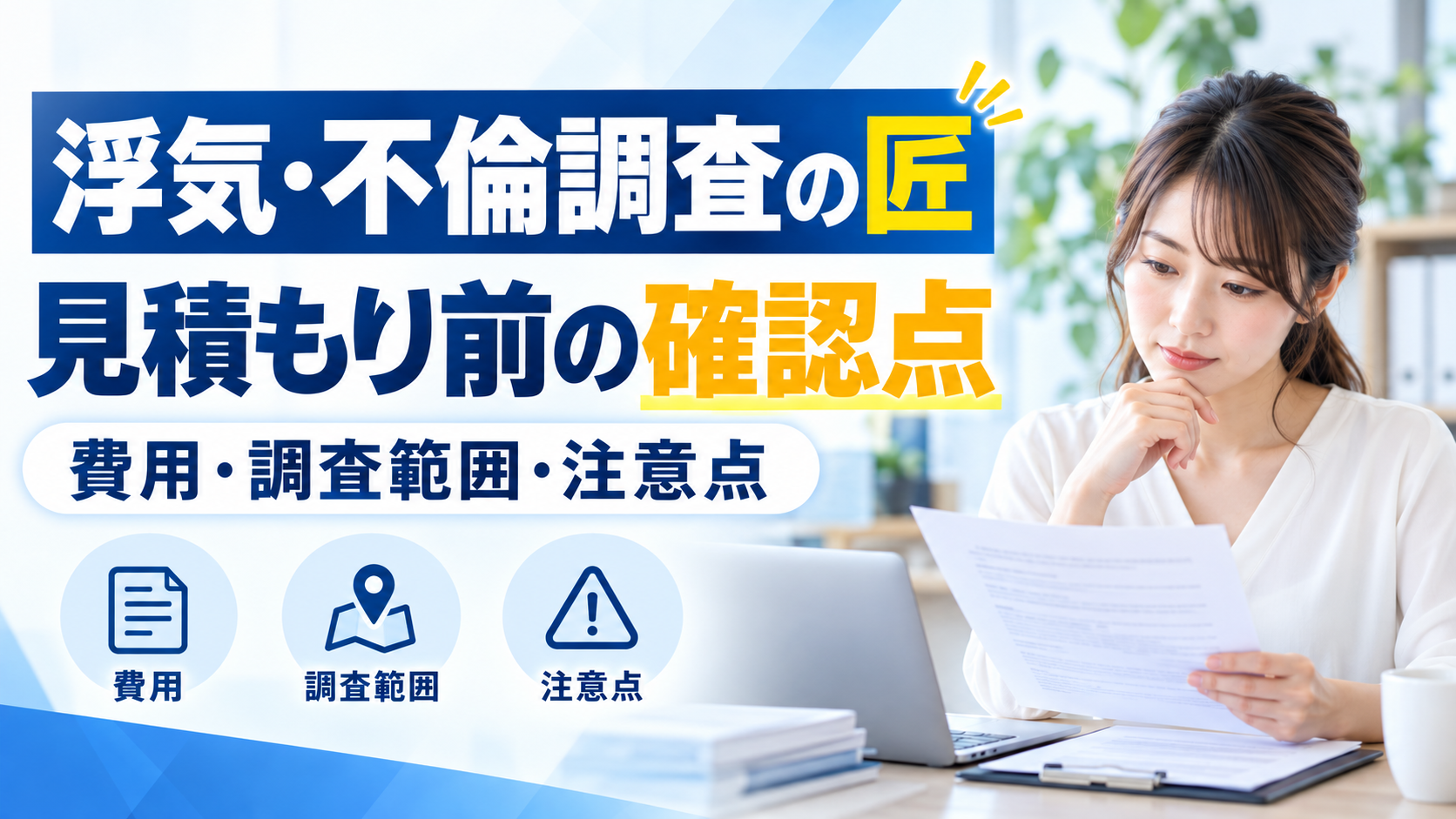 浮気・不倫調査の匠:見積もり前の確認点 費用・調査範囲・注意点を紹介するイメージ